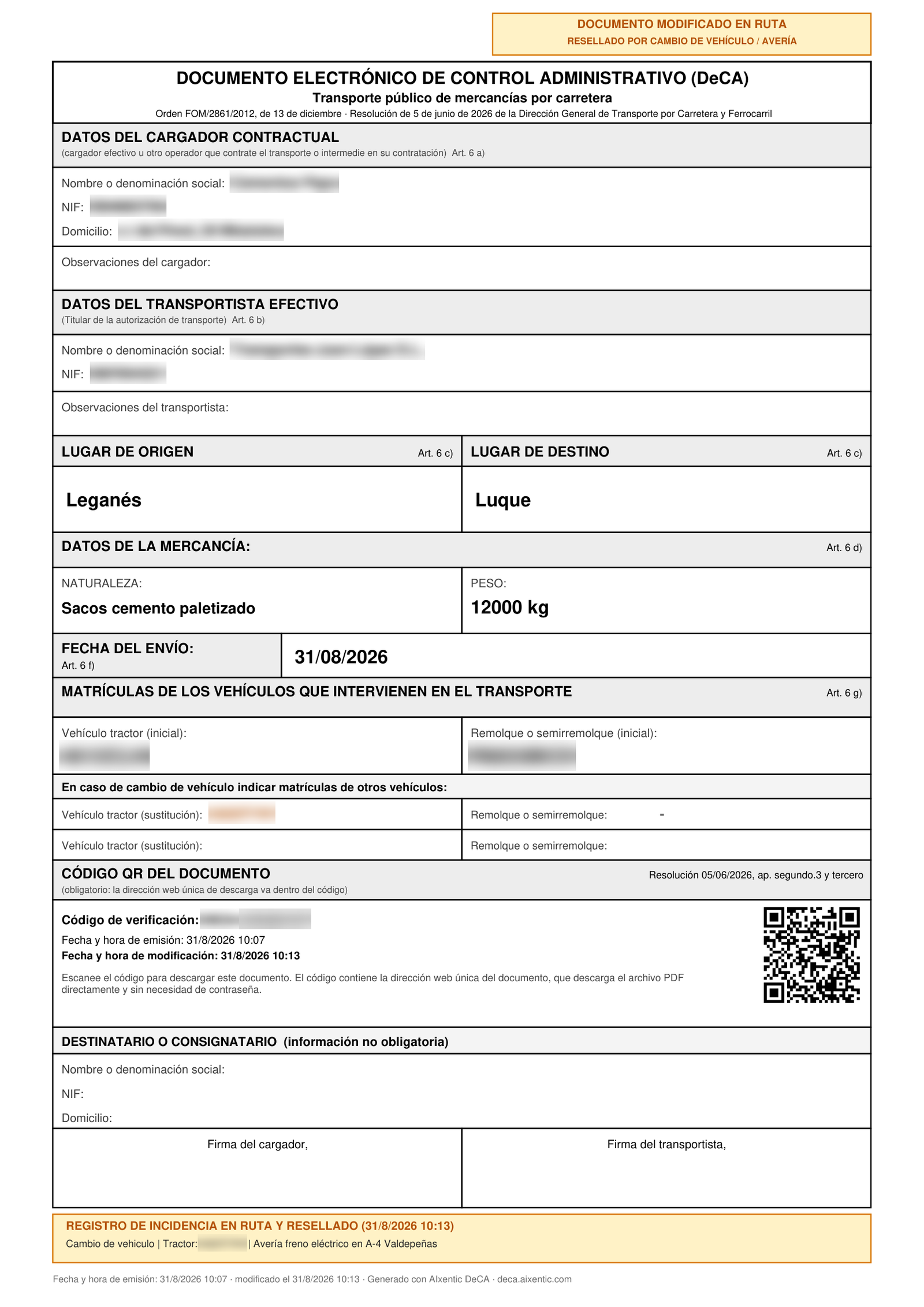 Documento electrónico de control administrativo emitido con AxoCargo, con sus bloques por artículo, el código QR y el registro de incidencia en ruta
