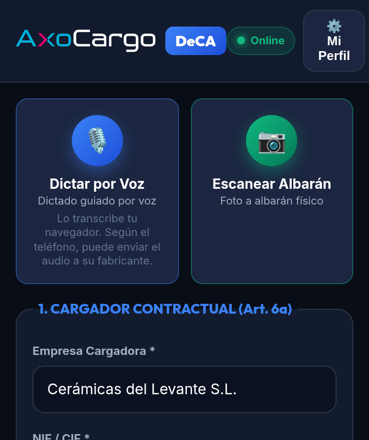 Pantalla de creación del DeCA: los botones de dictar por voz y escanear albarán, y el formulario ordenado por artículos de la norma